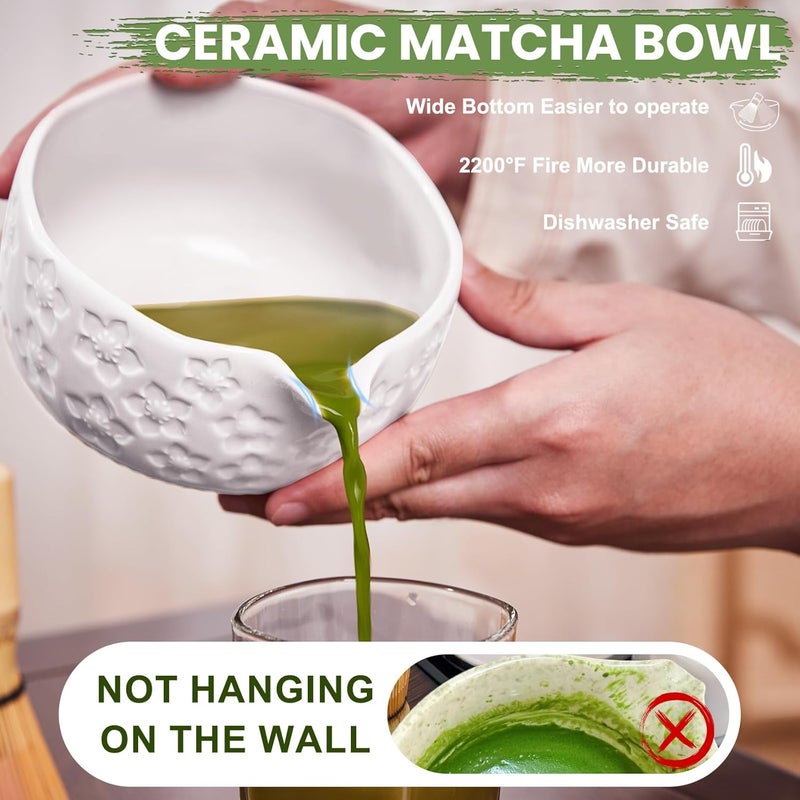 RANERANE Matcha Whisk Set, Sakura White Ceramic Matcha Set Includes Matcha Bowl, Matcha Whisk (Chasen) and Holder, Sifter, Bamboo Scoop & Spoon - 6 Pcs Matcha Kit for Matcha Lovers - Image 4